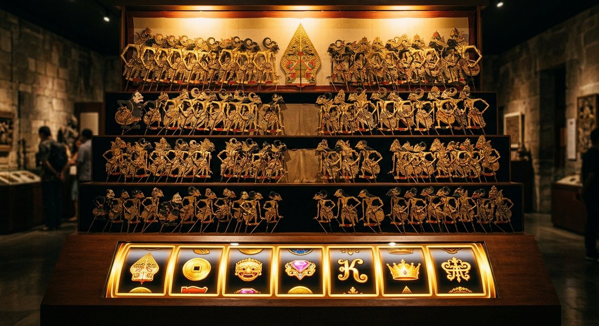 Barisan wayang kulit bertingkat disorot lampu blencong dengan strip gulungan slot emas menyala di bawahnya