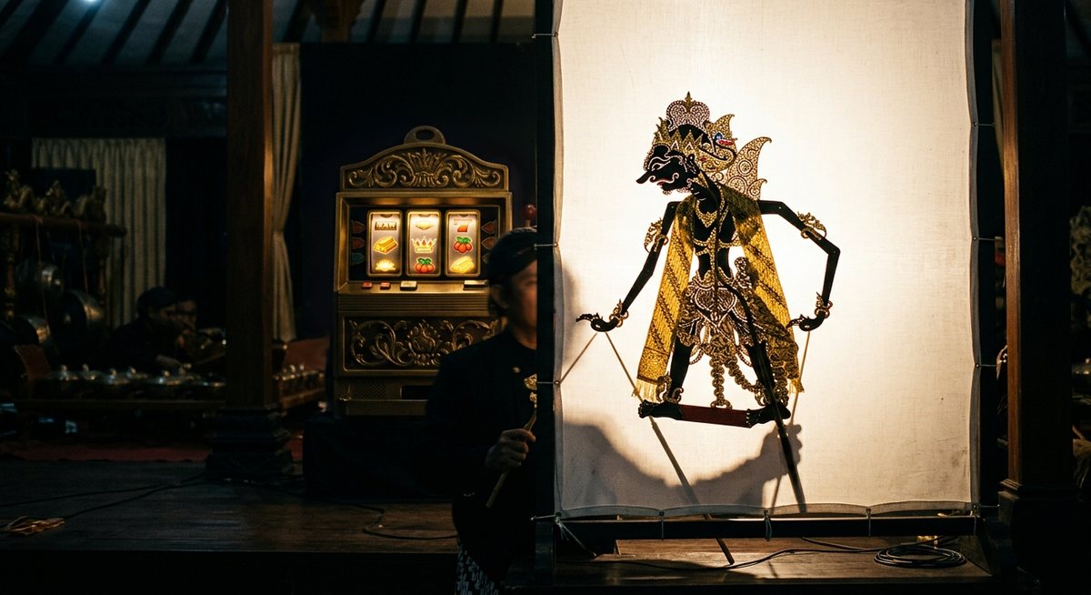 Wayang kulit raja berselendang emas di depan layar dengan gulungan slot berlampu keemasan