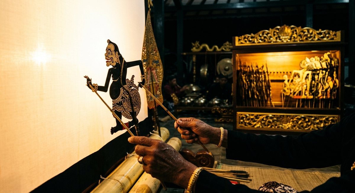 Tangan dalang memainkan wayang kulit di depan layar terang dengan gulungan slot keemasan menyala di belakangnya