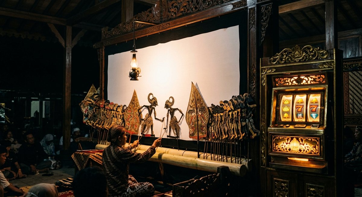 Pertunjangan wayang kulit di depan layar kelir dengan gulungan slot emas menyala di sisi panggung