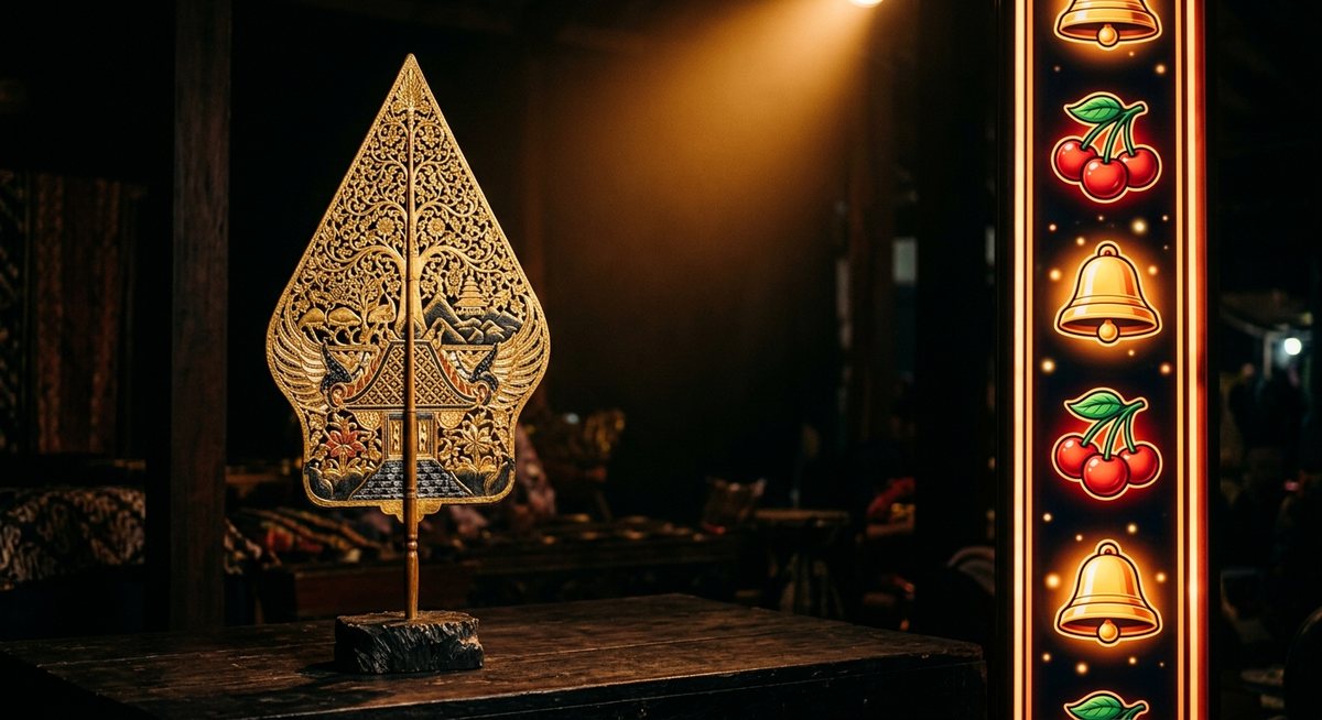 Wayang gunungan emas berdiri di depan strip gulungan slot dengan simbol ceri dan lonceng menyala hangat