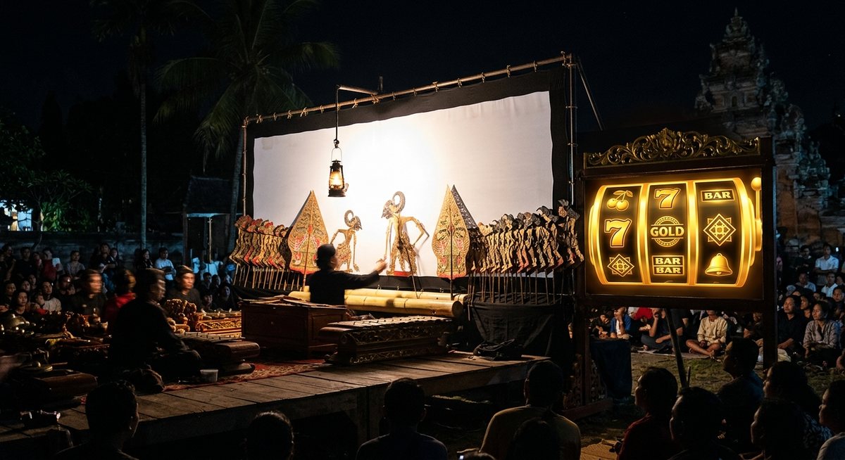 Pertunjangan wayang kulit semalam dengan lampu blencong dan gulungan slot emas bercahaya di sisi layar