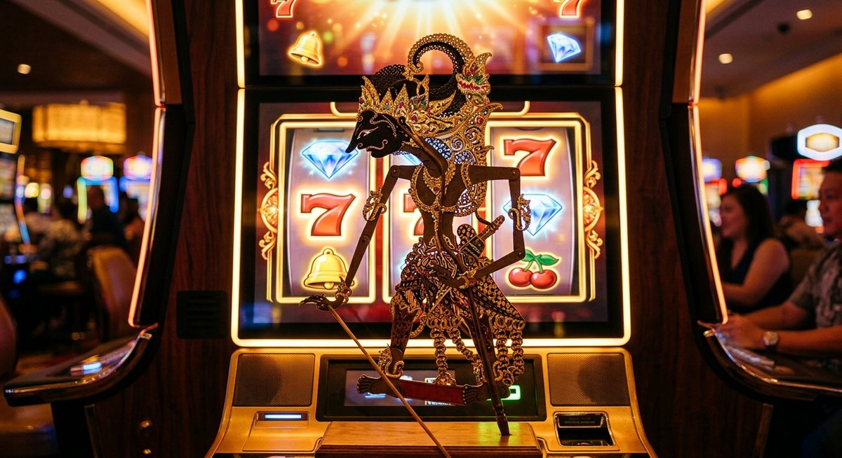 Wayang kulit kesatria berjamang emas di hadapan gulungan slot menyala dengan simbol berlian dan tujuh