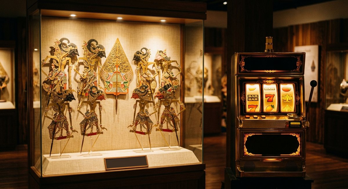Wayang kulit dipajang di etalase museum dengan lampu hangat dan gulungan slot emas bercahaya di sebelahnya